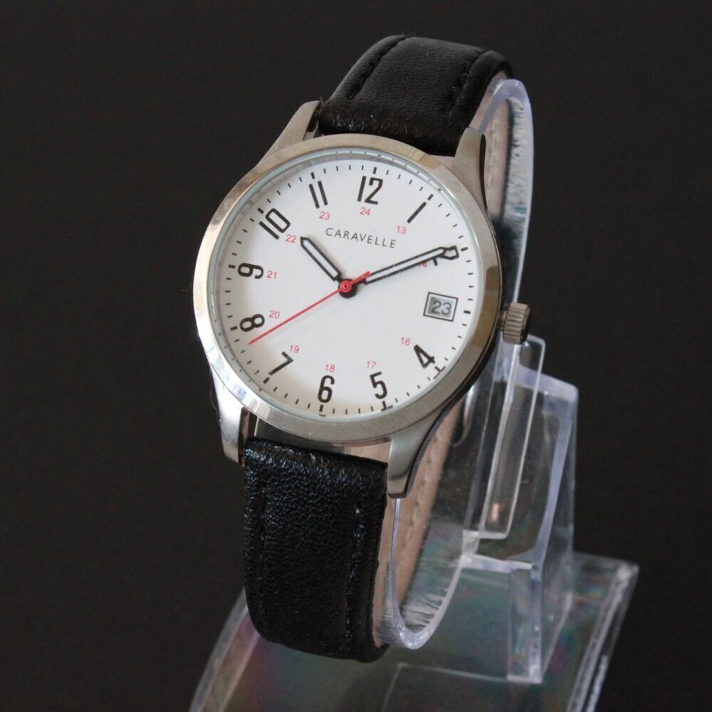 Caravelle Ladies Easy Reader By Bulova Black On White Dial Black Leather 30mm - Picture 4 of 10